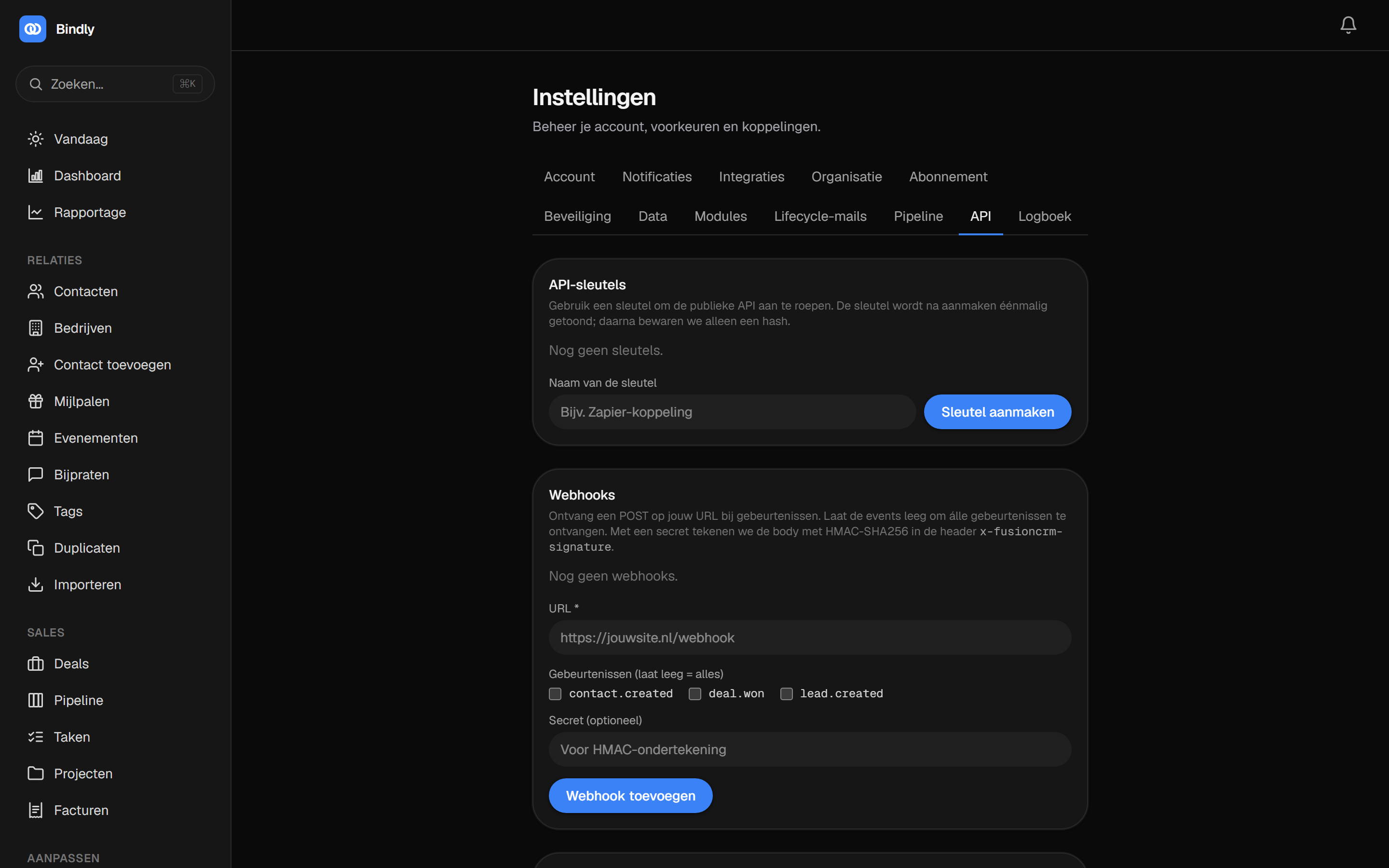 De API-instellingen met sleutels en webhooks