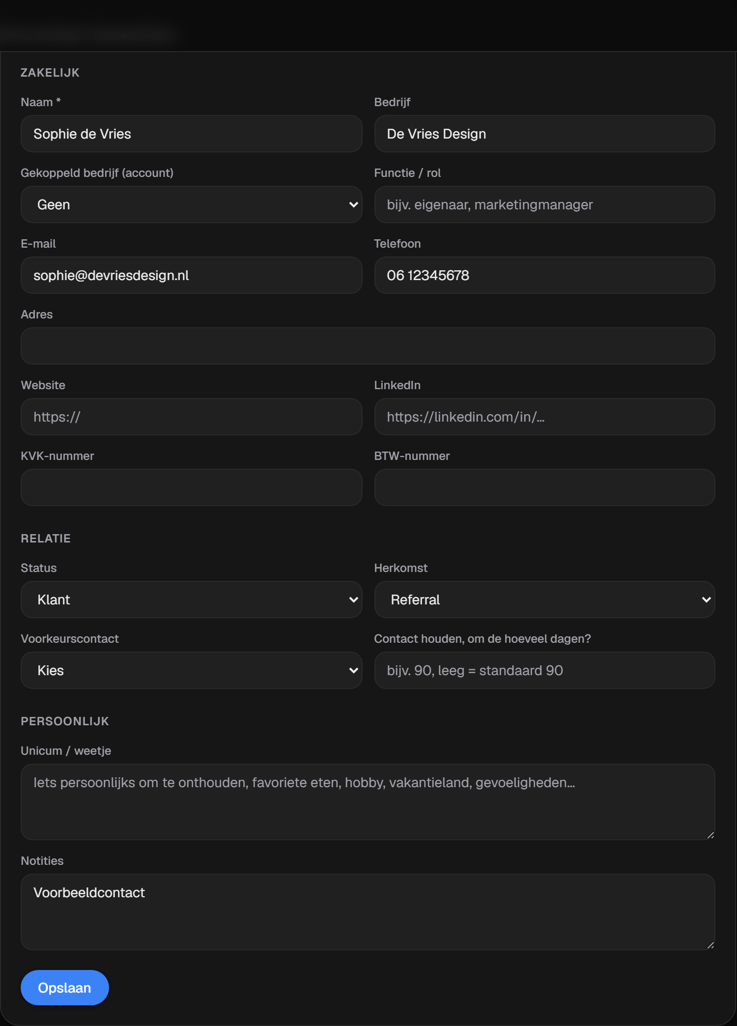 Het blok om een contact te bewerken