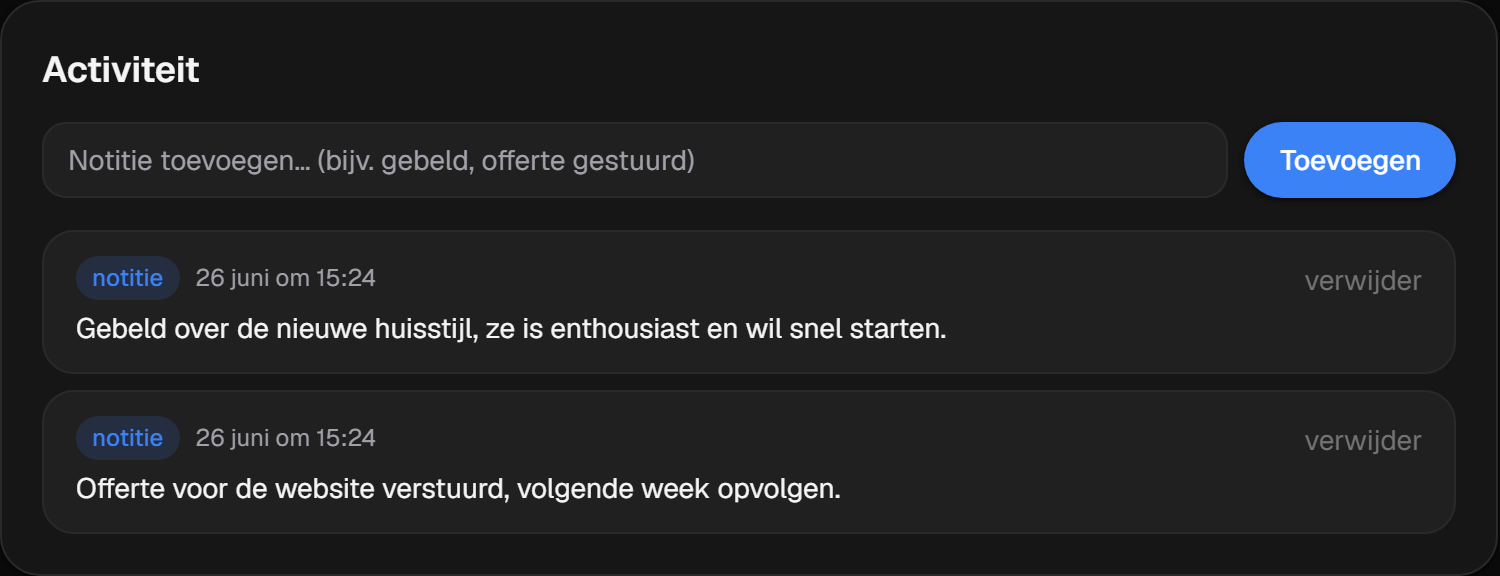 De tijdlijn met notities bij een contact