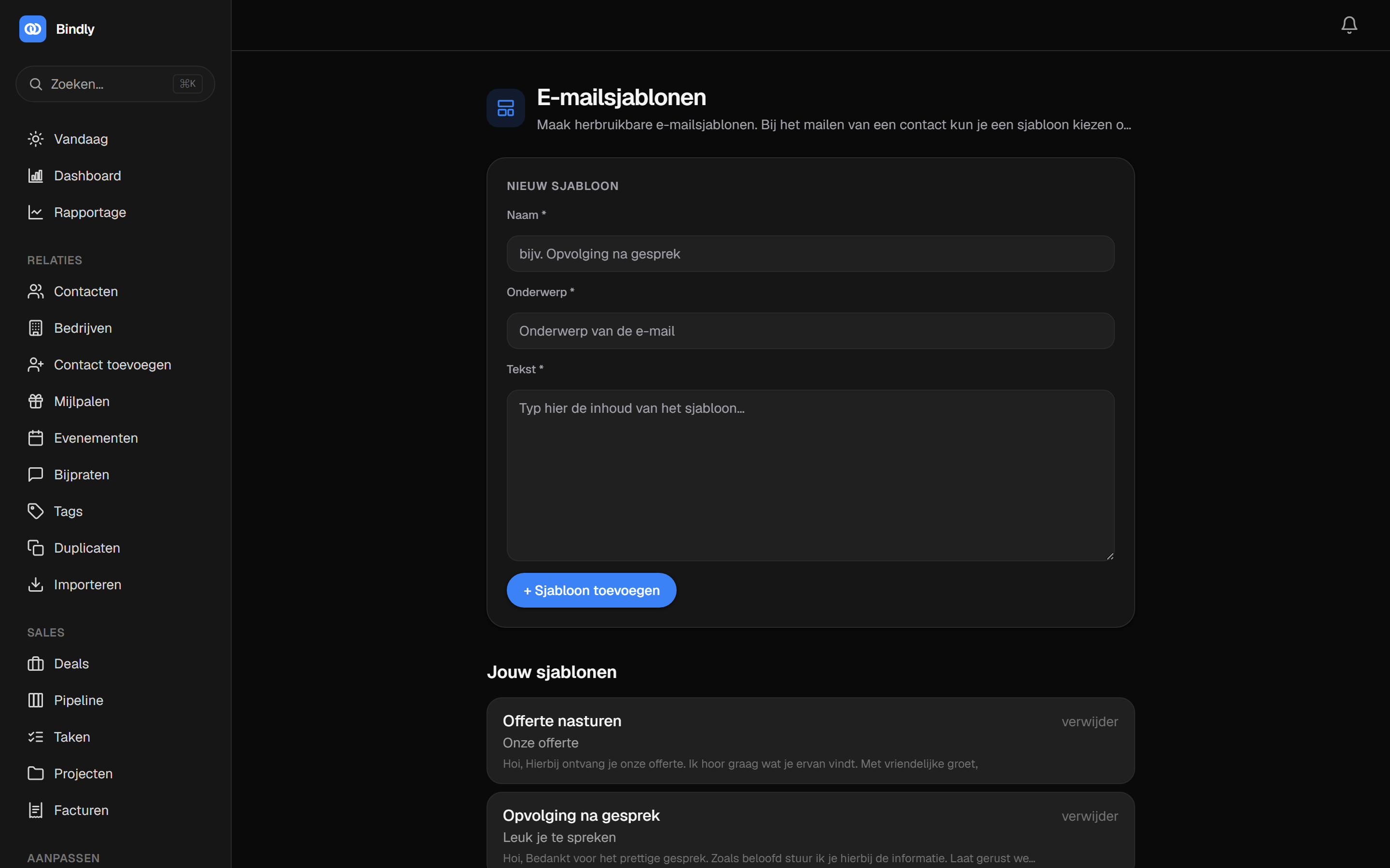 Het scherm om een e-mailsjabloon te maken