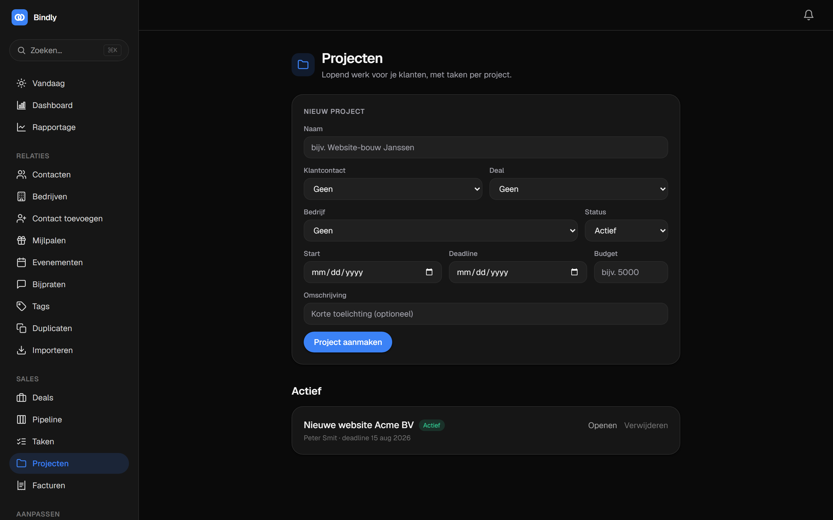 De projecten-pagina met formulier en lijst